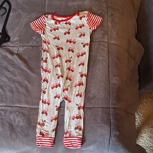 Charming Tractor Print Kids Footie - Red and White